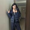 Winter versatile navy blue hooded fur collar short cotton-padded jacket women's new warm thickened down cotton-padded jacket