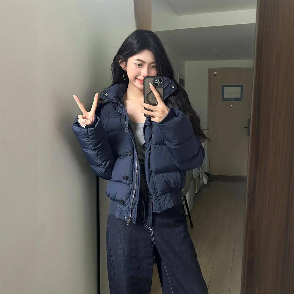 Winter versatile navy blue hooded fur collar short cotton-padded jacket women's new warm thickened down cotton-padded jacket