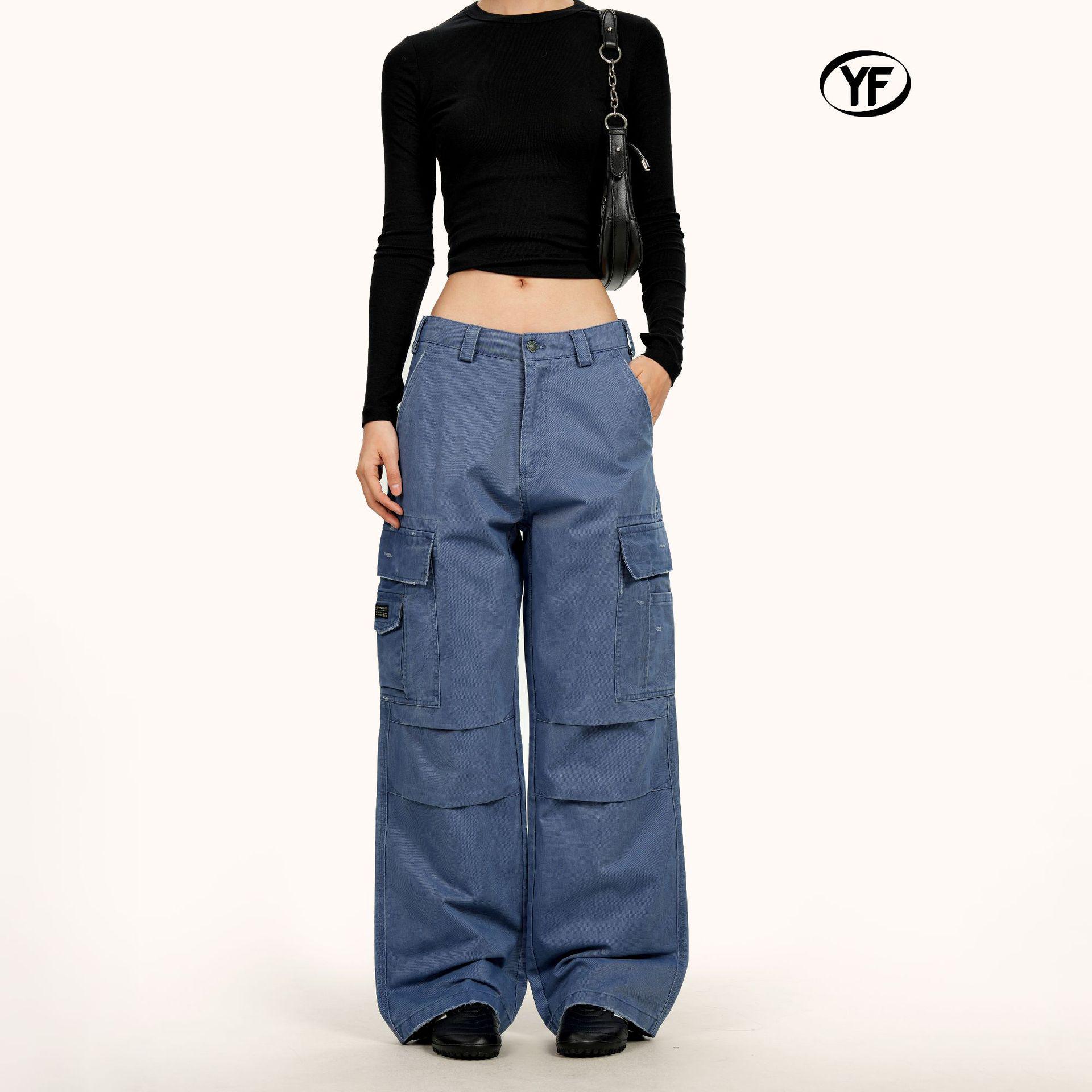 Yongfang American Retro Blue Wide-Leg Distressed Straight-Leg Pleated Pants for Men and Women Small