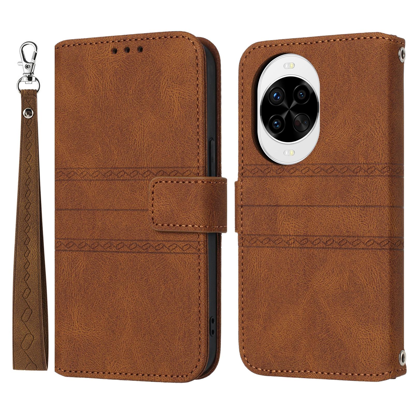 

For Huawei nova 14 Pro 5G Case Wallet Skin-Touch Leather Imprinted Phone Cover with Wrist Strap Brown