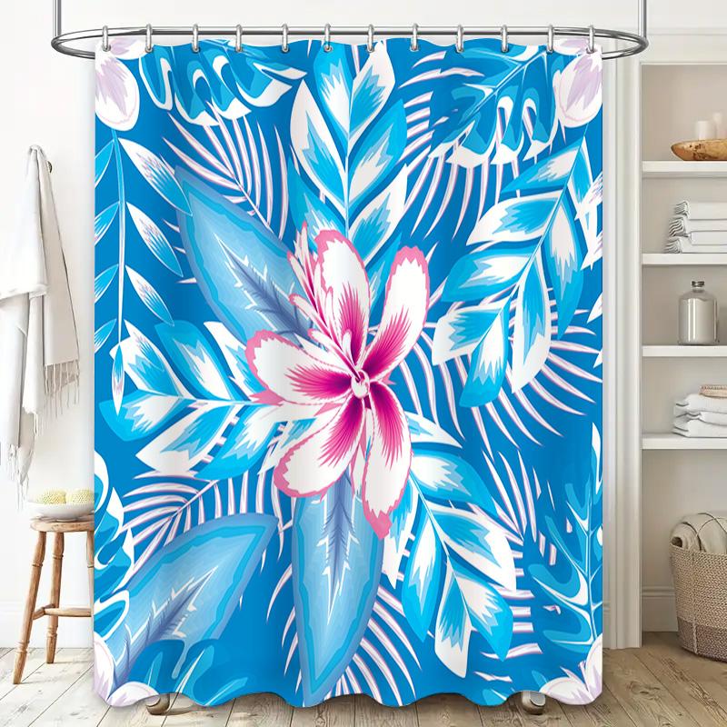 Colorful Bath Curtain featuring Tropical Flowers Blue and White Shower Fabric for Bathroom Decor