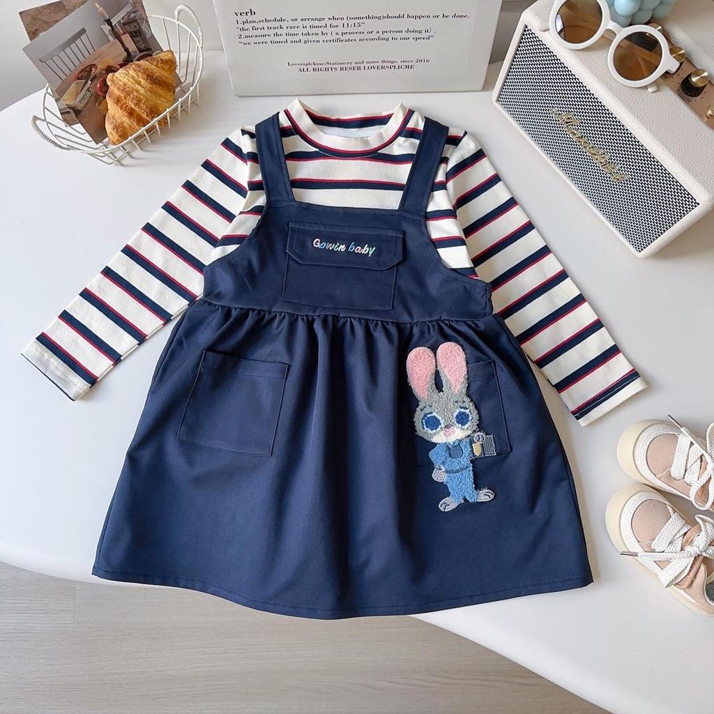 Girls' Rabbit Police Officer 2-Piece Set: Striped Shirt & Suspender Skirt for Casual Wear (Style AQB039)