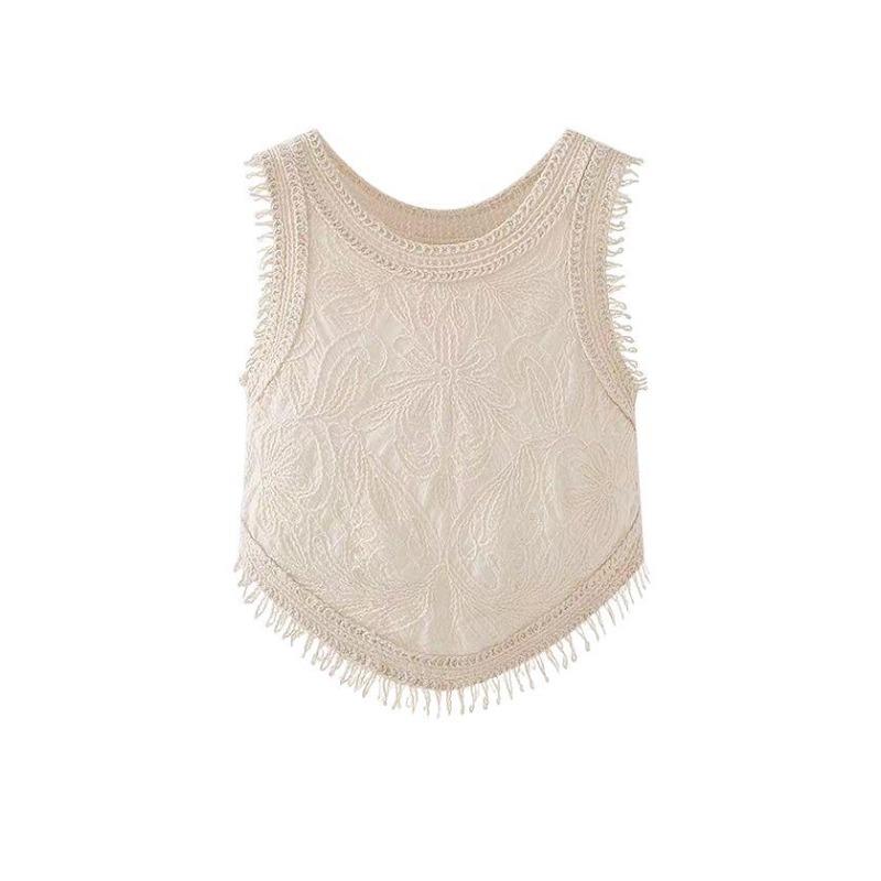 French Fringed Jacquard Knitted Vest Women's Summer Bohemian Style Outside Temperament Short Top Boho Romantic Waist Lifting Cropped Tank Top