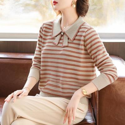 Baolianduo Women's Long-Sleeve Striped Knit Polo