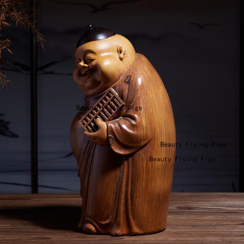 1pc Chinese Landlord's Ornament Wooden Carved Figurine Ornaments Home Decoration Wooden Carving Crafts Feng Shui Sculptures