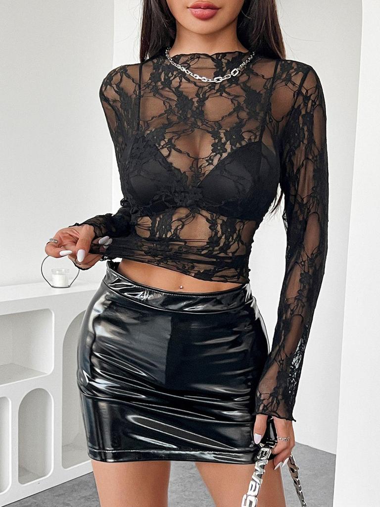 Spring 2025 Women's Solid Color Lace Transparent Slimming Long Sleeve Top