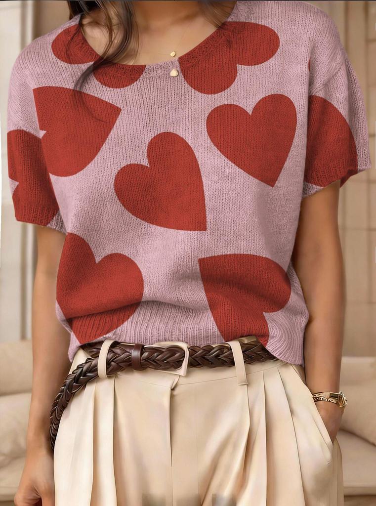 Top Maglione Girocollo a Maniche Corte Jacquard Color Block Retrò 2026