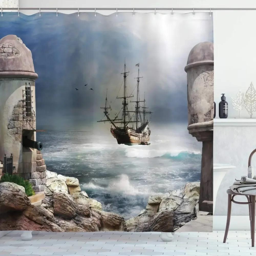 Norse Vikings Ship Shower Curtain Fantasy Boat Art Black and White Color Sailing Dragon Ship Curtain for Bathroom with Hooks