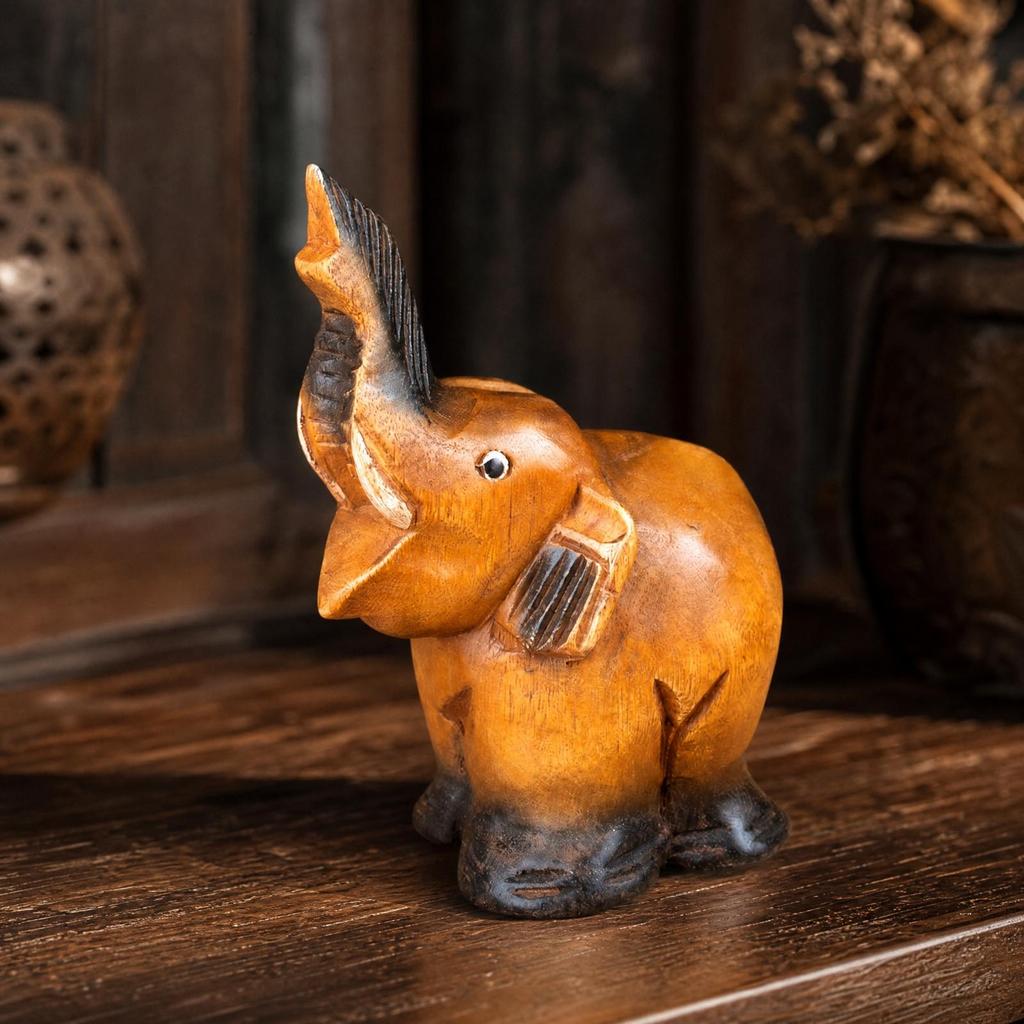 Hand-Carved Teak Wood Elephant Figurine Warm-Toned Wooden