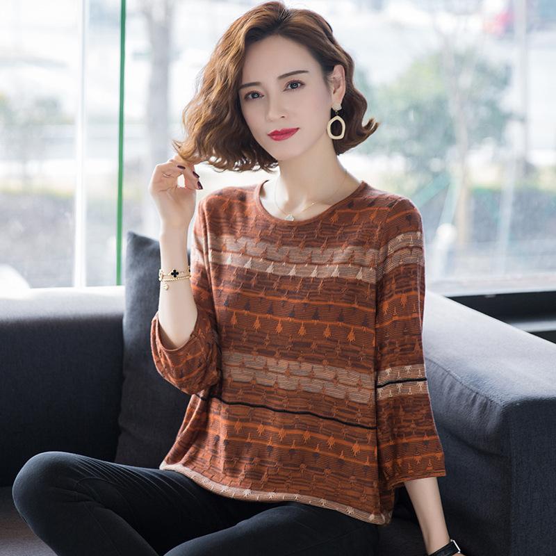 Spring and Summer Fashion Mom Knitted Sweater Women's Live Broadcast Explosion Round Neck Loose Seven-quarter Sleeve Striped Contrasting T-shirt Top