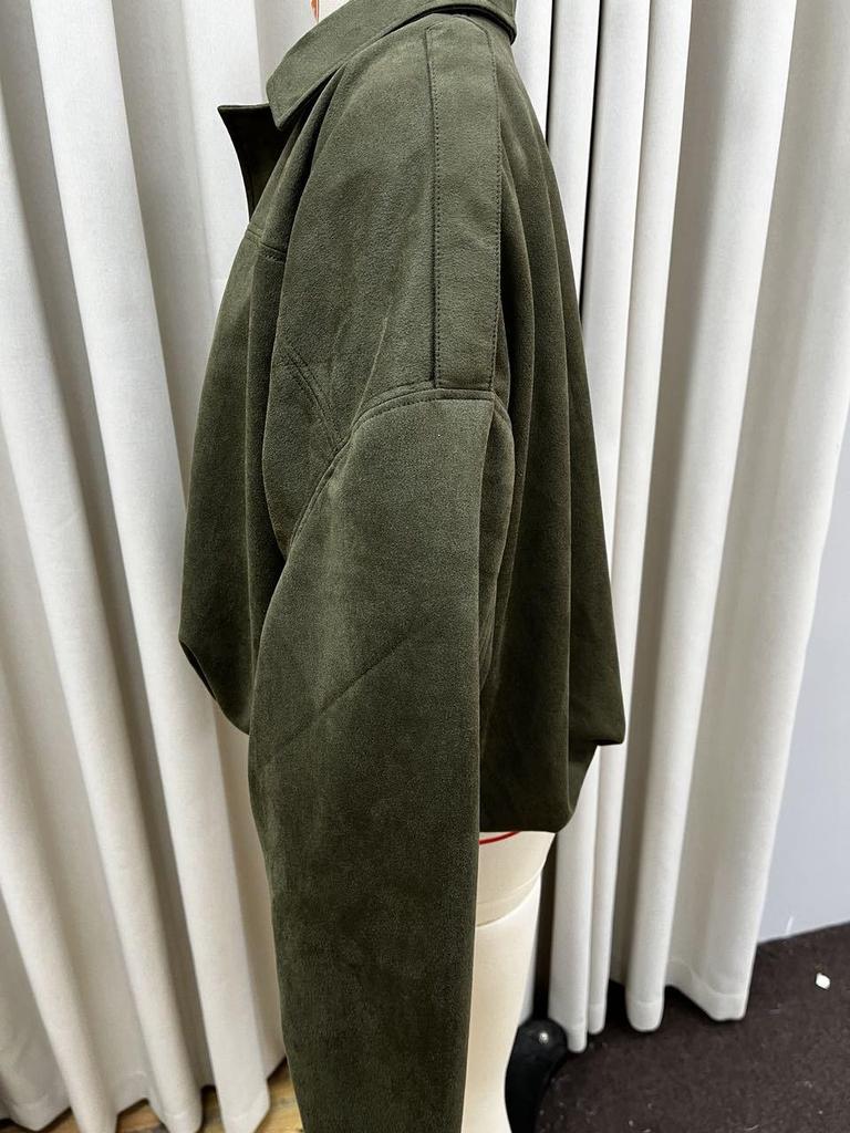 2025 Spring Bestseller: Green Suede Bomber Jacket Coat