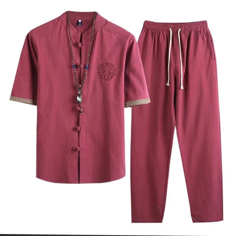 Conjuntos de Lino para Hombre Verano Ropa Urbana Camisas Jogger+Pantalones Largos Masculino 2 Piezas Hanfu Chándal Traje Tang