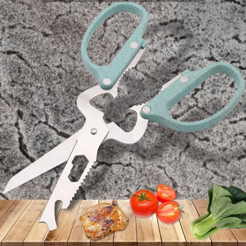 10 i 1 avtagbar knivsaks i rustfritt stål Halmhåndtak Multifunksjonell kjøkkensaks Husholdningshåndverktøy