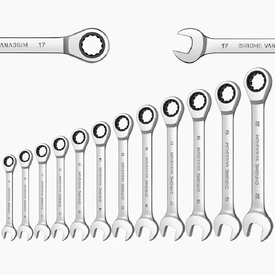 Ratcheting Wrench Set Metric and Standard 12-Point Box End Combination Spanner Gear Wrench Garage Tool Set,CR-V Full Polished