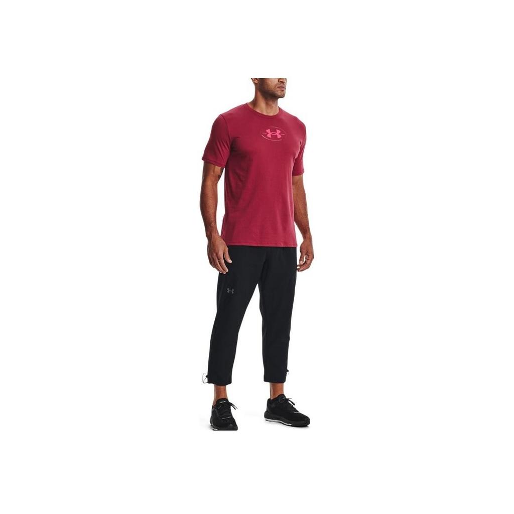 Under Armour Solid Color Large Logo Letter Round Neck Training Sports T-Shirt Men Tops Pink 1371264-664