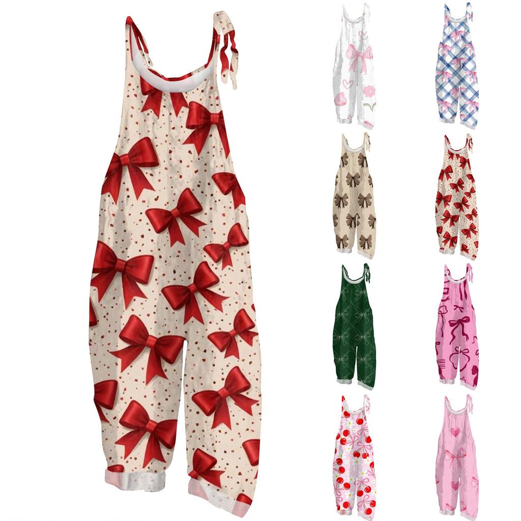 Damen Jumpsuit Karneval Print Lässig Locker Vintage Schulterträger Baumwolle Leinen