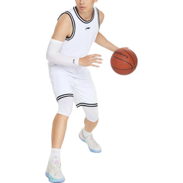 Li Ning Sports Basketball Series Logo Print Striped Round Neck Vest Shorts Set Men Sportswear White AATS003-4