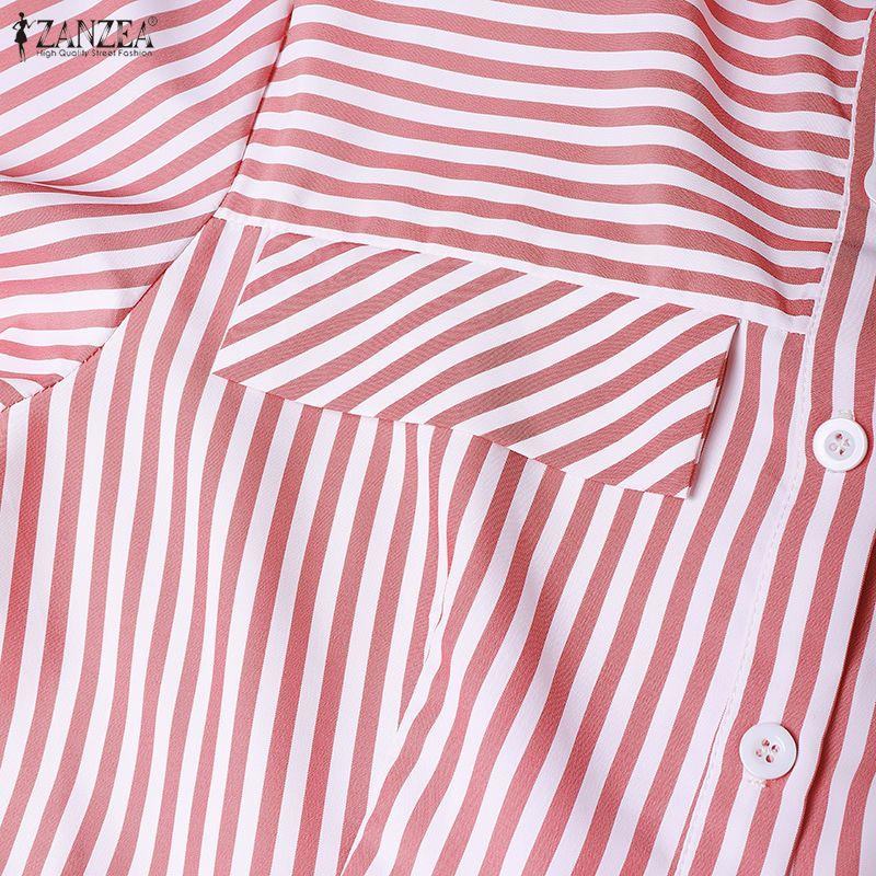 ZANZEA Women Casual Turn Down Collar Long Sleeve Loose Stripe Dress