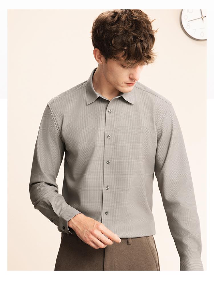 3A Antibacterial and Anti Static Far Infrared Warm Shirt Men's Long Sleeve Knitted Thousand Bird Grid Shirt with Thick Velvet