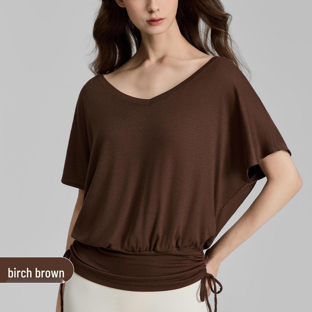 Women's V-neck Batwing Yoga T-shirt: Loose, Short Sleeve, Drawstring, Lazy Style for Spring/Summer 2026.