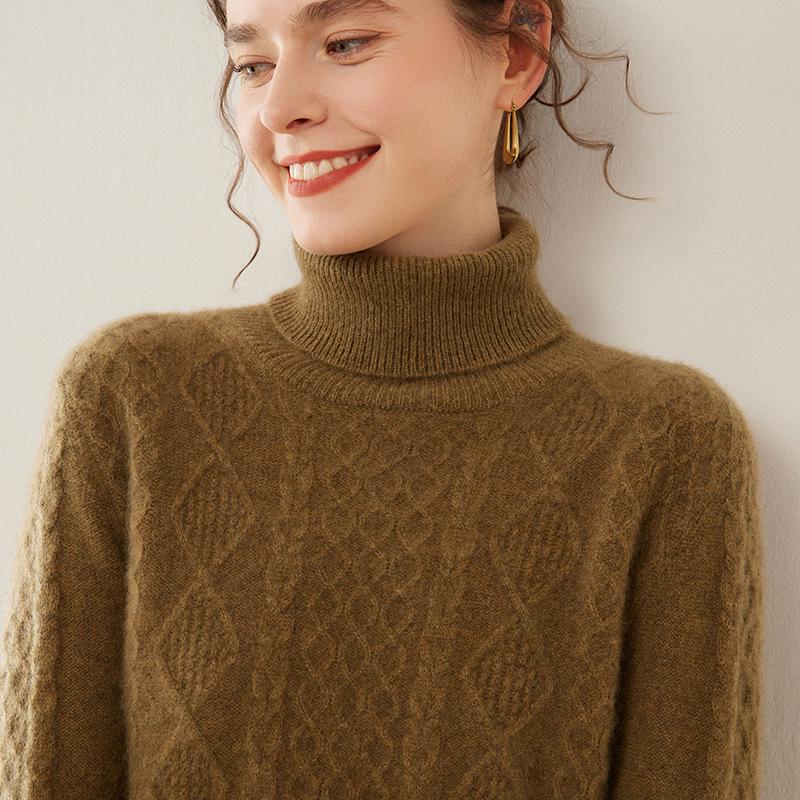 Ladies' Retro High-Neck Double-Strand Cashmere Knit Pullover