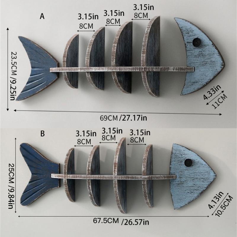 Farmhouses Blue Wood Fish Wall Art Hanging Shelf With Antique Finish For Lake House Study Bathroom Storage Organizers