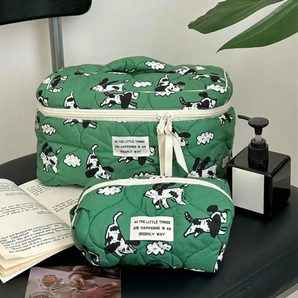 Cartoon Dog Makeup Bag  Large Capacity Cotton Cosmetic Organizer | Eco-Friendly Green Travel Toiletry Case with Zippered Pockets