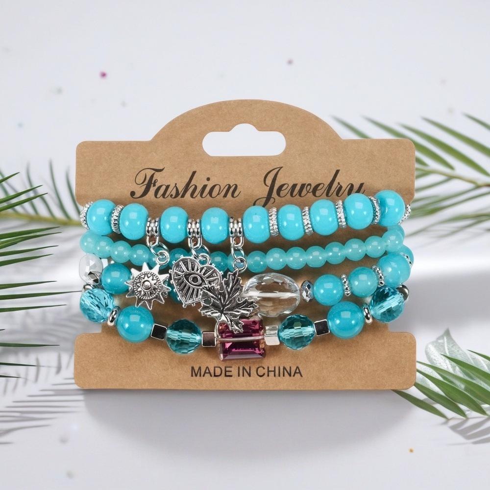 Bohemian Beaded Bracelet Set with Hollow Heart and Leaf Pendants