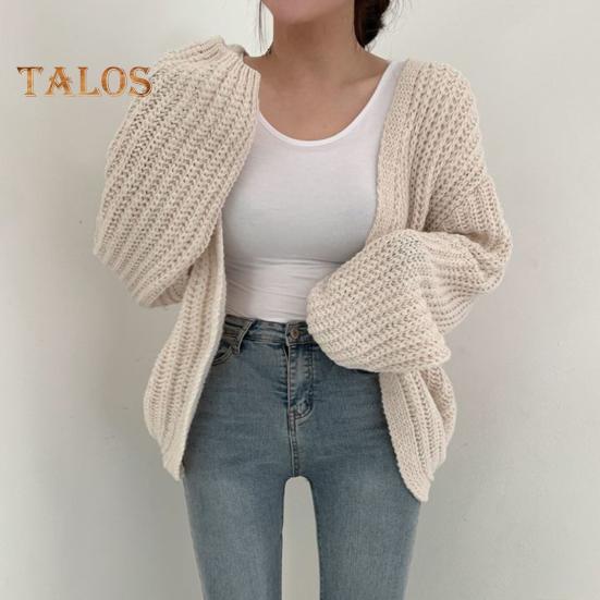 Pullovermantel für Damen, V-Ausschnitt, Laterne, lange Ärmel, offener Strickmantel, einfarbig, lässige Strickmode für den Alltag