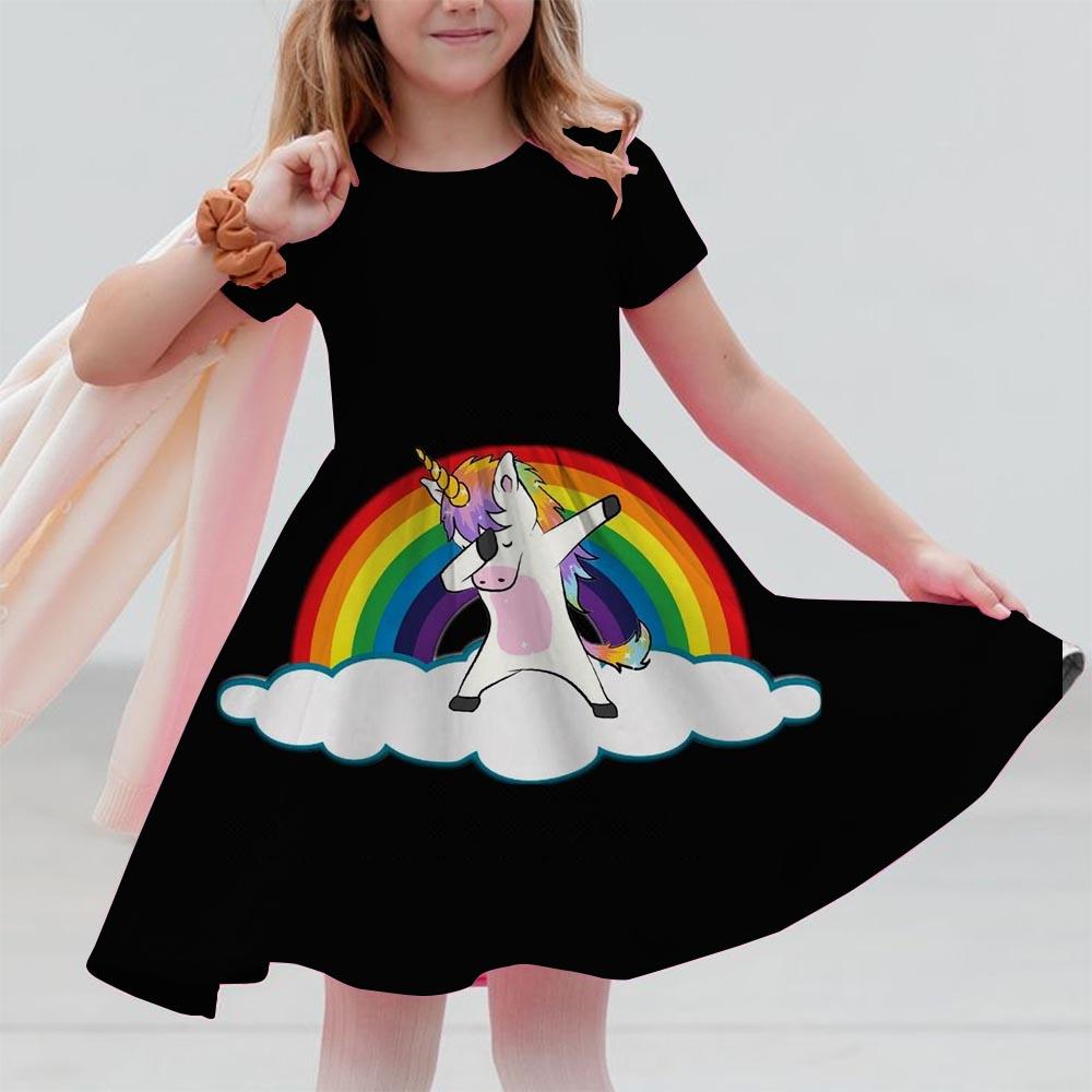 Robes d'été pour filles Licorne Enfants Robe à manches courtes Dessin animé Tout-petits Décontracté Robes droites Vêtements pour enfants 3-12 ans