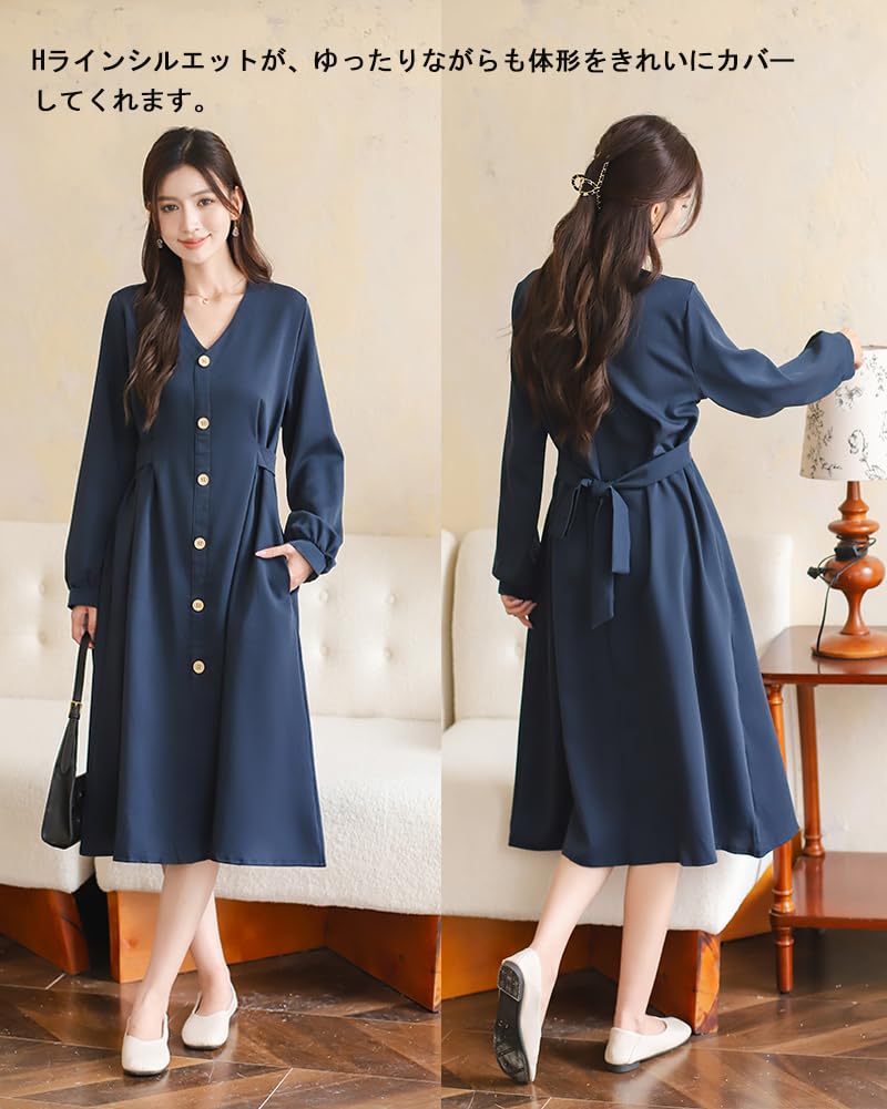 Collecala Slimming Dress with Front Simple Belt Ribbon Perfect for Fall and Winter Women's Buttons, Design, High-Waisted, Included,