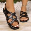 Fashion Black Pu Leather Flats Rome Sandals Women Summer Cross Straps Open Toe Beach Sandles Woman Lightweight Soft Sole Sandalias 36-43