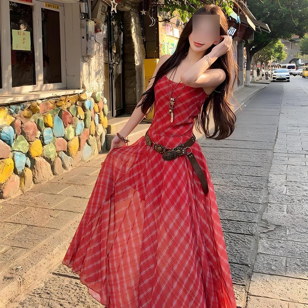 Kariertes Slipkleid Damen Sommer Retro Lässig Taillenschlank Resort-Stil Temperament A-Linie Langes Kleid Wörter