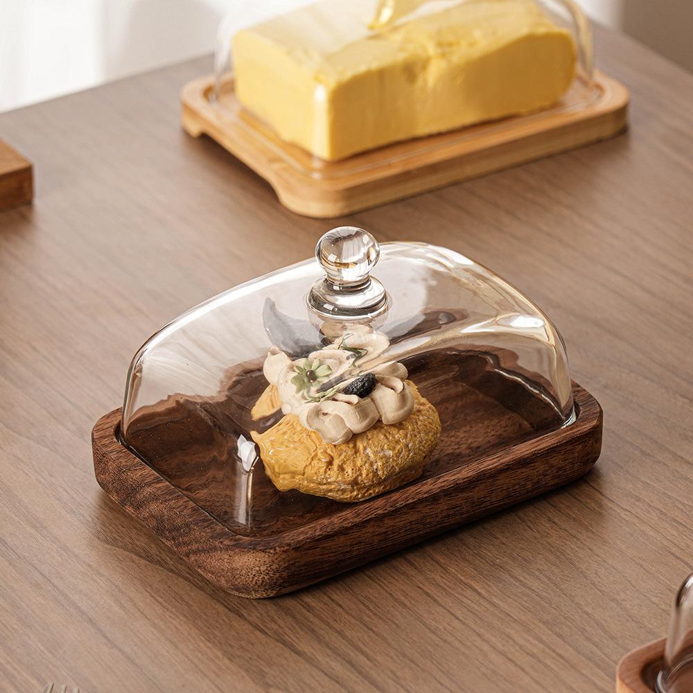 Rectangular Acacia Wood Butter Plate Glass Cover Cheese Butter Plate Snack Cake Dessert Plate Butter Box Tableware