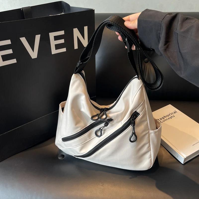 Monochromatic Nylon Crossbody Bag for Women with Double Zipper Decorative Casual Shoulder Bag Elegant