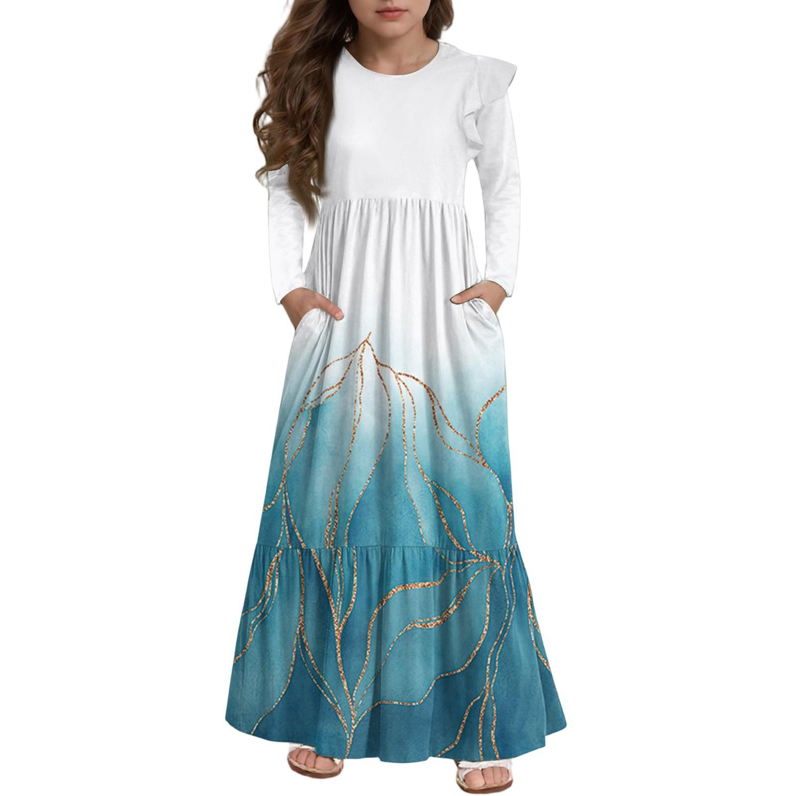 

Платье с многоярусными оборками для девочек - Макси с длинным рукавом и принтом, с карманами 160