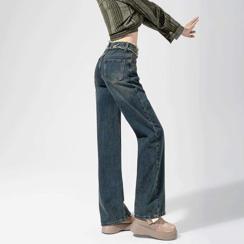 High Waist Wide Leg Jeans Women's Autumn Retro Old Rough Edge Straight Loose and Thin Drape Pants Tide