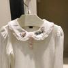 Baumwoll-Langarm-T-Shirt für Mädchen mit Bärenstickerei und Spitzenkragen, Frühlings- und Herbststil für ältere Kinder.
