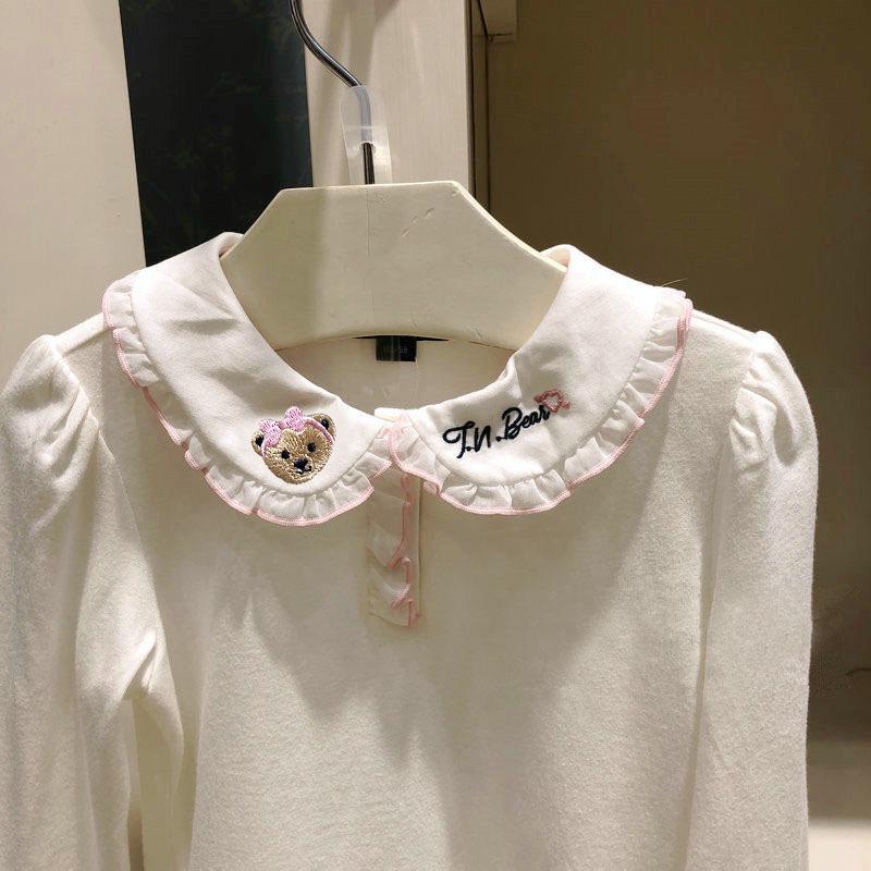 Baumwoll-Langarm-T-Shirt für Mädchen mit Bärenstickerei und Spitzenkragen, Frühlings- und Herbststil für ältere Kinder.