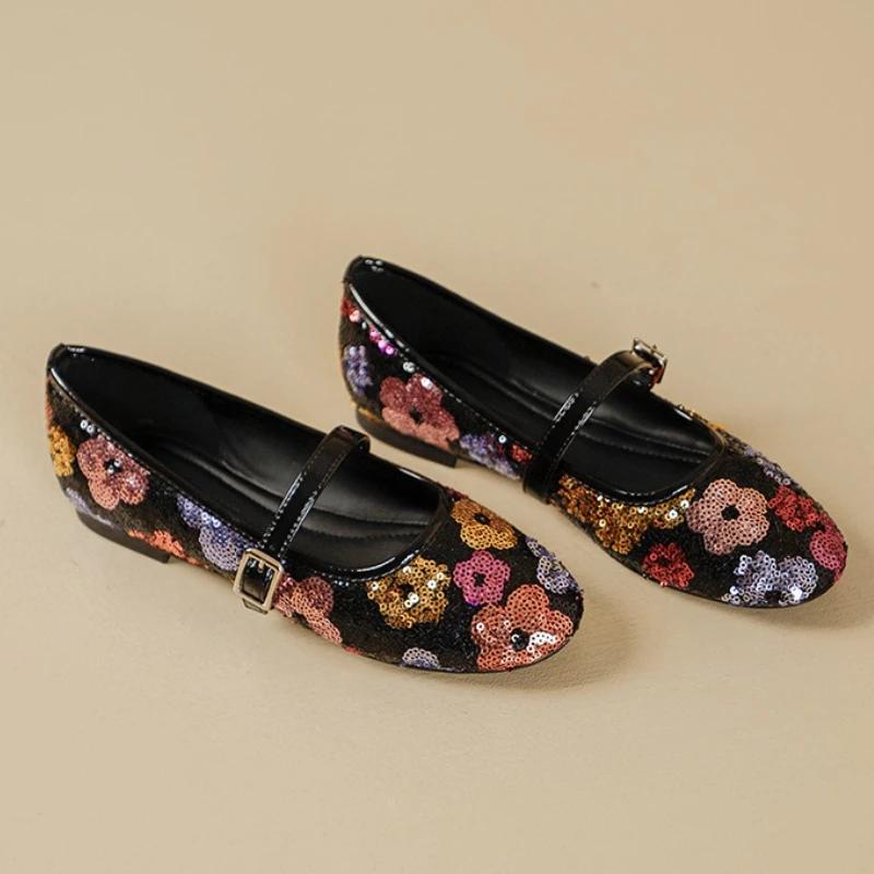 

Модные блестящие красочные цветы неглубокие балетки женские с круглым носком с пряжкой туфли Мэри Джейн этнический стиль комфортные легкие плоские сандалии 35 чёрный