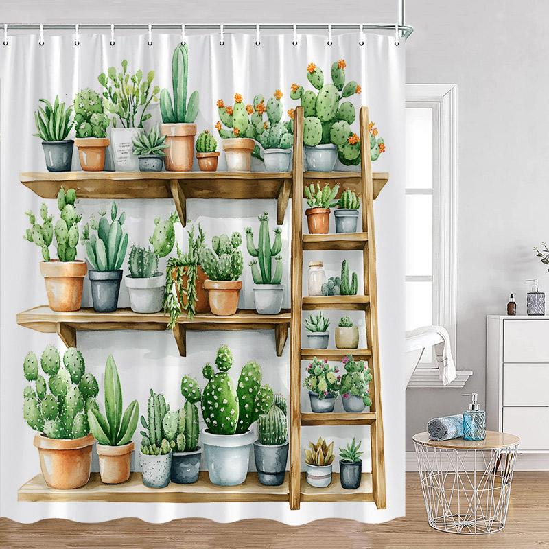 Plant Shower Curtain Cats Green Potted Plants Leaves Cat on the Toilet Modern Bathroom Decor Polyester Fabric Bathtub Curtain