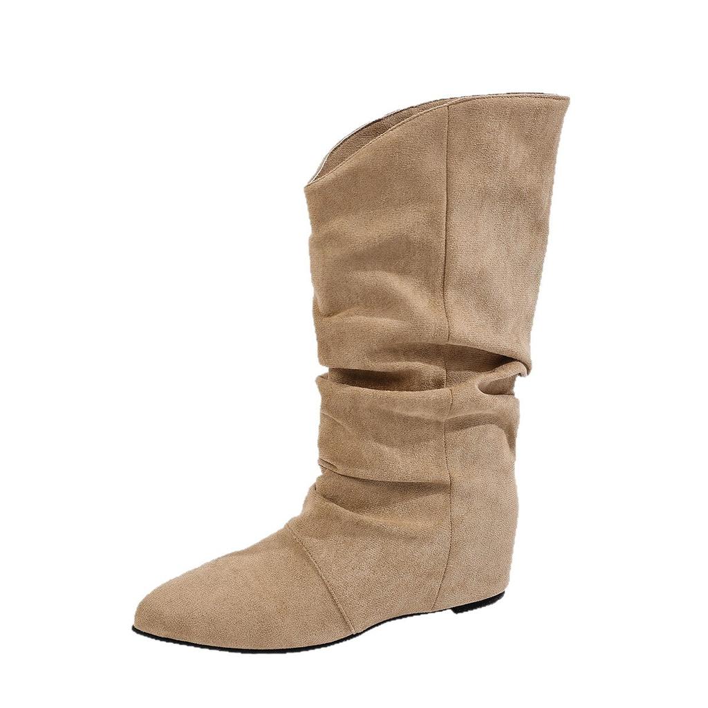 Retro~ Suede Women's Long Knight Boots Big Cowboy Boots Autumn Folded Khaki Pile Boots