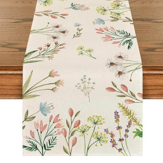 Spring Table Runner Floral Linen Table Runner Seasonal Summer Wildflowers Kitchen Dining Decoration for Home Party Decor
