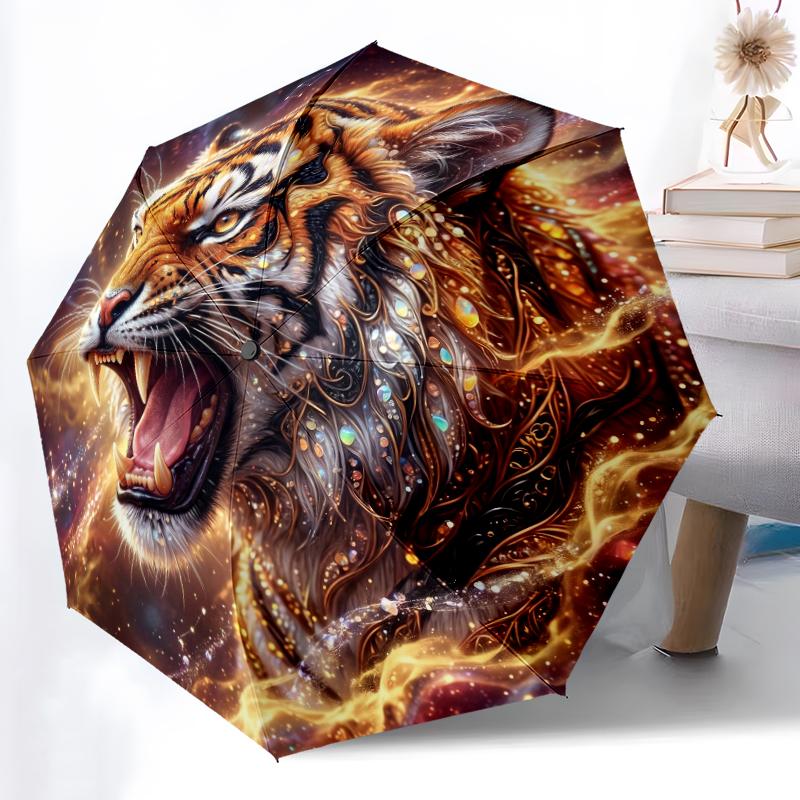 1pc Sturdy 8-Bone Auto Umbrella, Stylish Tiger Umbrella, Digital Printed, Foldable Umbrella for On-the-Go Outdoor Use