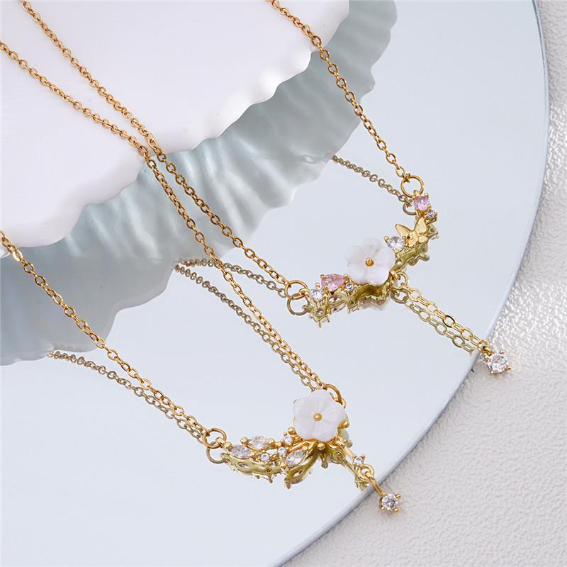Light Luxury Camellia Zircon Pendant Necklace Stainless Steel Chain Cute Flower Choker Jewelry Birthday Gifts For Women Girls