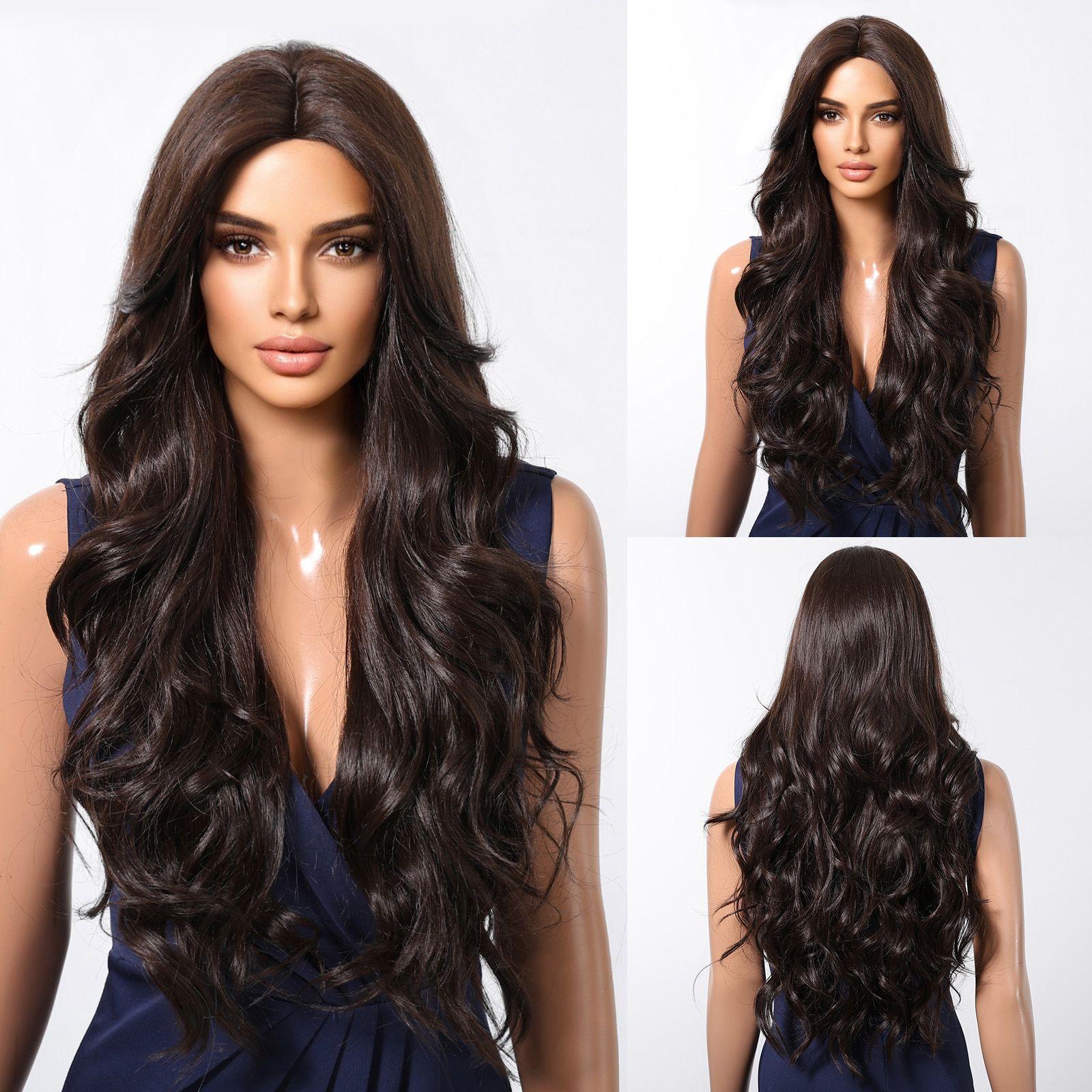 

ALAN EATON Коричневый парик с мелированием для женщин, длинные волнистые парики с челкой, реалистичные натуральные многослойные волосы, повседневное использование для вечеринок и жаропрочных изделий