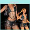 Geometric Pattern Sleeveless Mini Skirt Set With Glittering Mesh Top For Party Performance