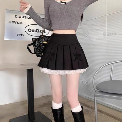 Bow Design Niche Pleated Skirt for Women's Summer New Lace Lace High Waist Anti-exposure Skirt