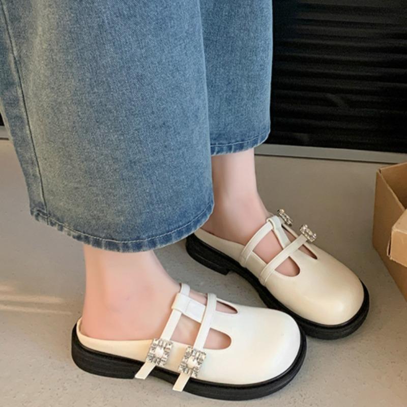 

Мода Весна Низкий Каблук Женская Мода Круглый Носок Неглубокий Вырез Кристалл Металлическая Пряжка Водонепроницаемые Тапочки на Мягкой Подошве 40