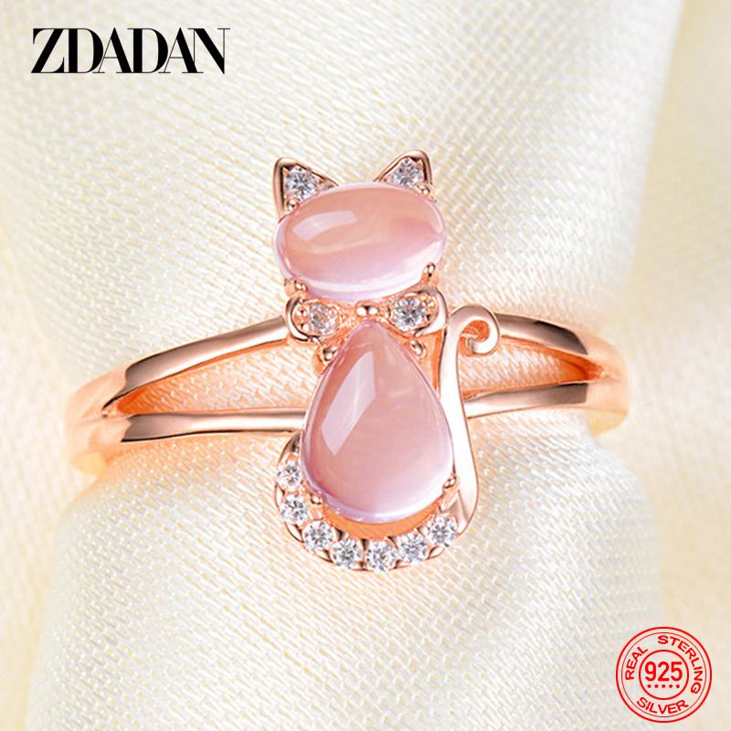 

925 Sterling Silver Pink Crystal Cat Rings for Women Fashion Engagement Jewelry Gift 6